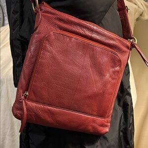Red Leather Crossbody Bag, Built-in Wallet, approximately 10”x10”